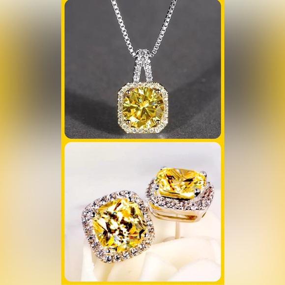 Stunning Yellow Cubic Zirconia Stud Earrings & Necklace Set - Picture 1 of 6